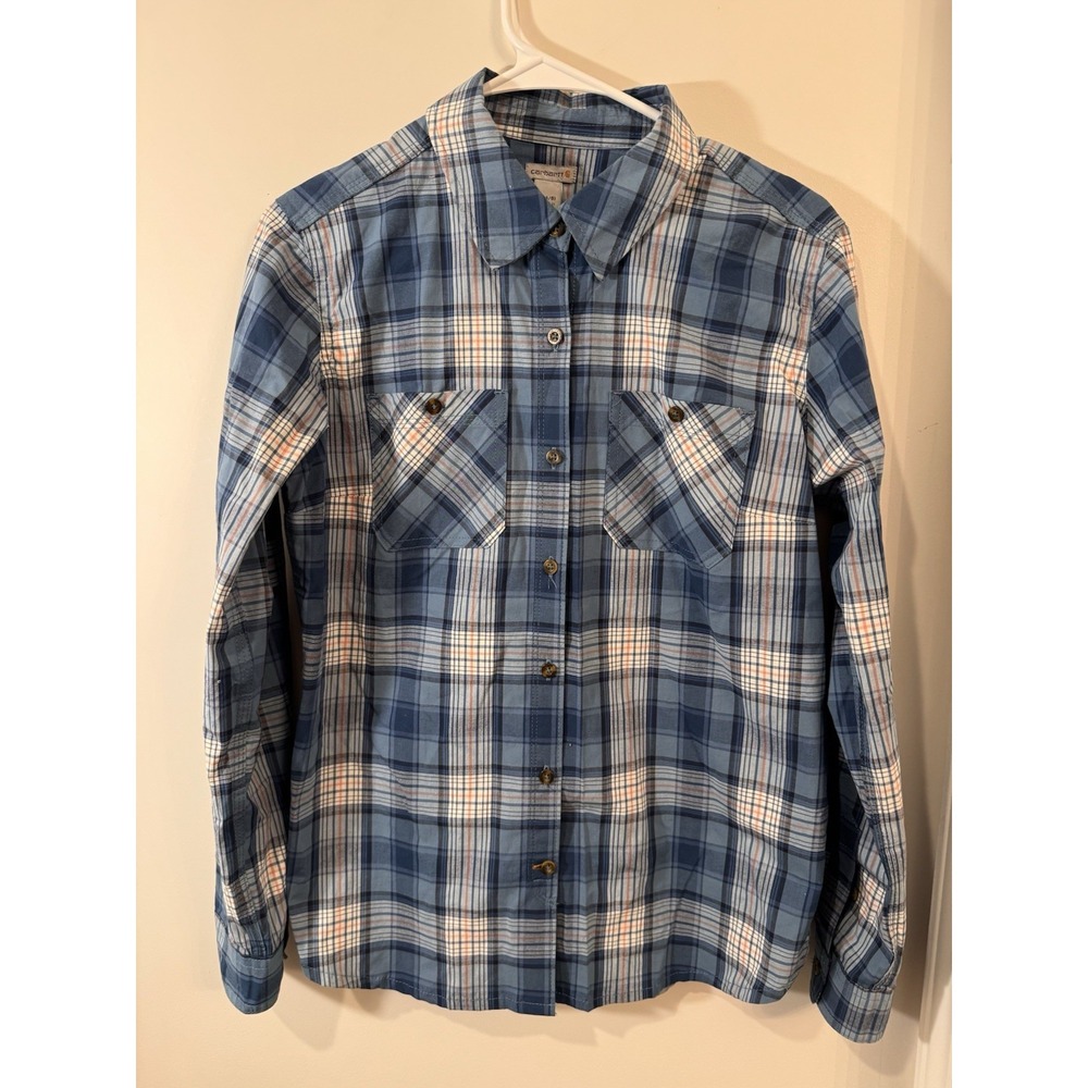 Carhartt Shirt Womens Small Blue Gray Flannel Long Sleeve Stretch Workwear